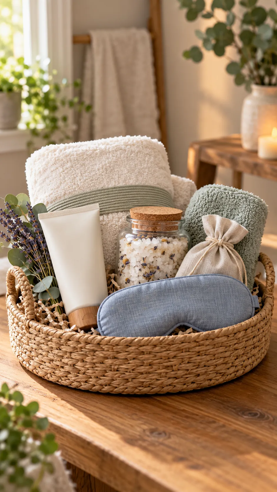 Home Spa Basics Basket with useful comfort items arranged in a gift basket
