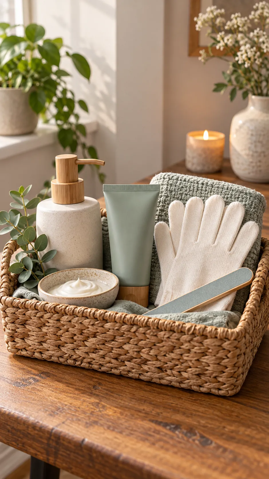 Hand Care Basket with useful comfort items arranged in a gift basket