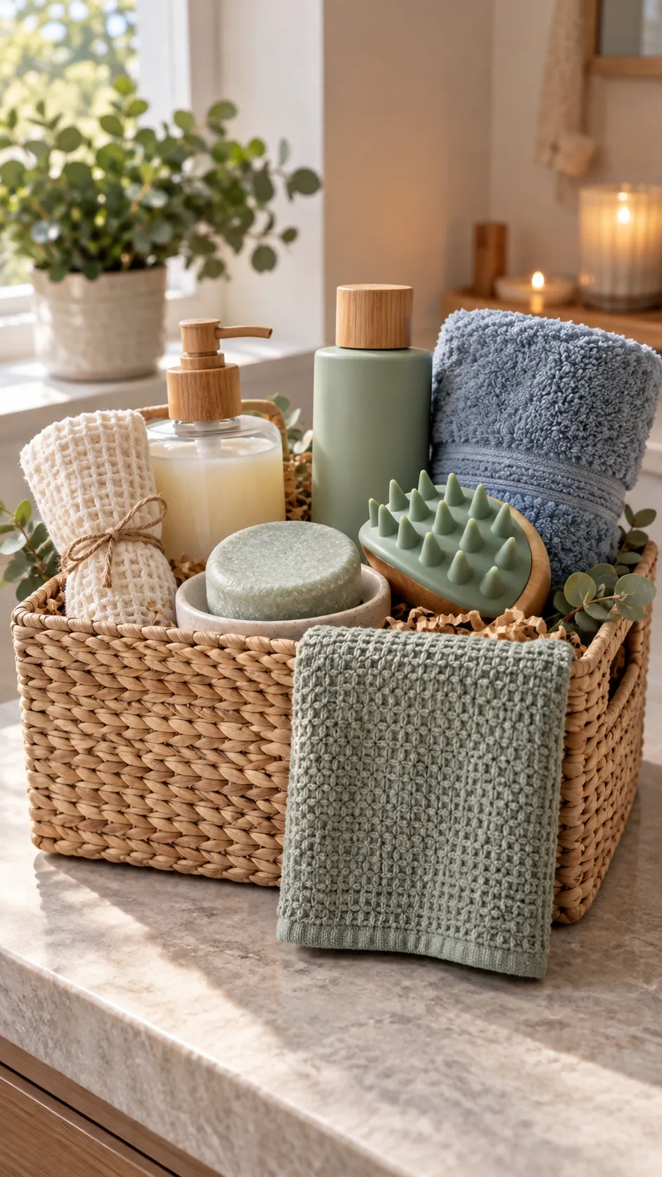 Shower Refresh Basket with useful comfort items arranged in a gift basket