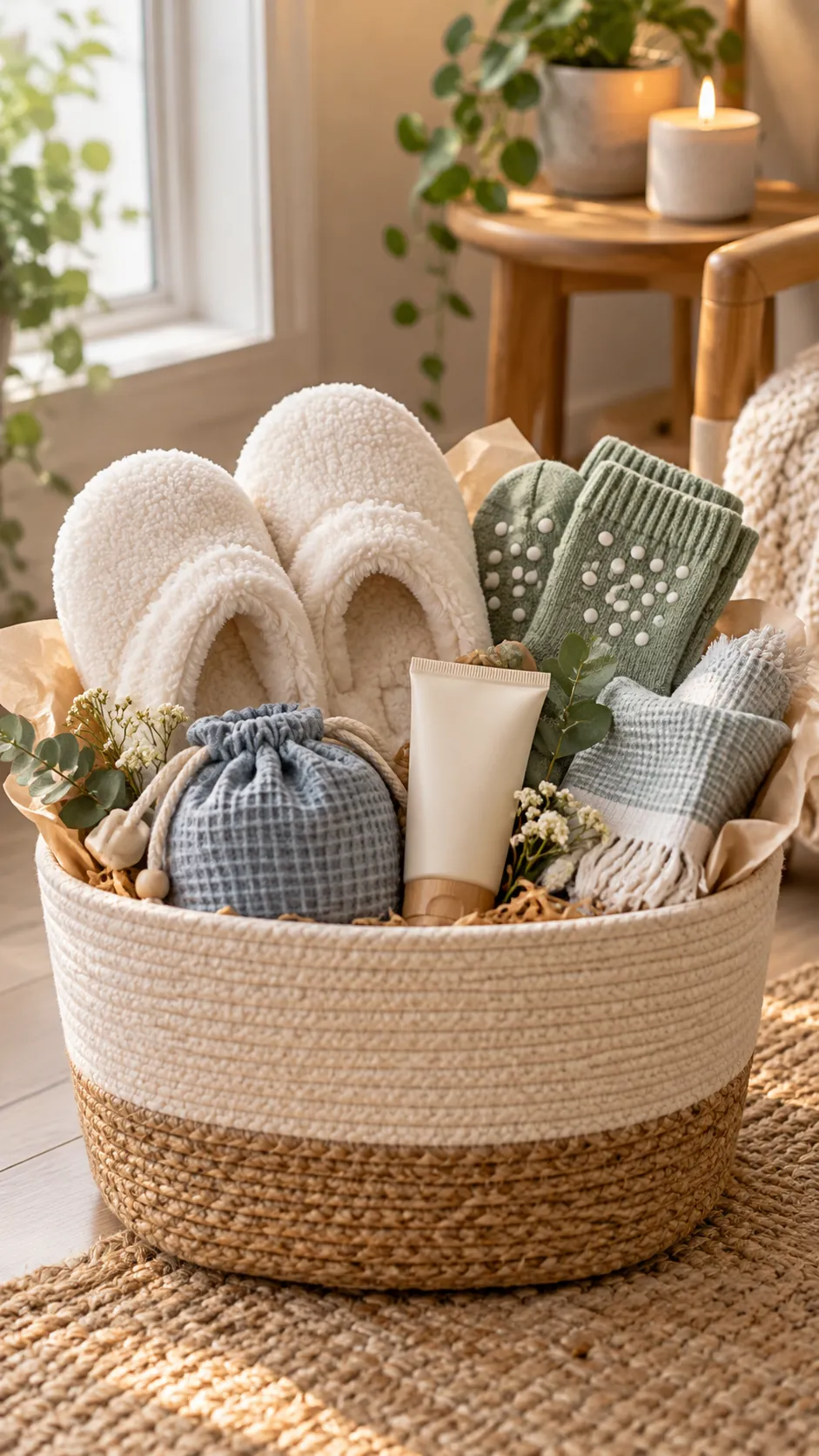 Cozy Feet Basket with useful comfort items arranged in a gift basket