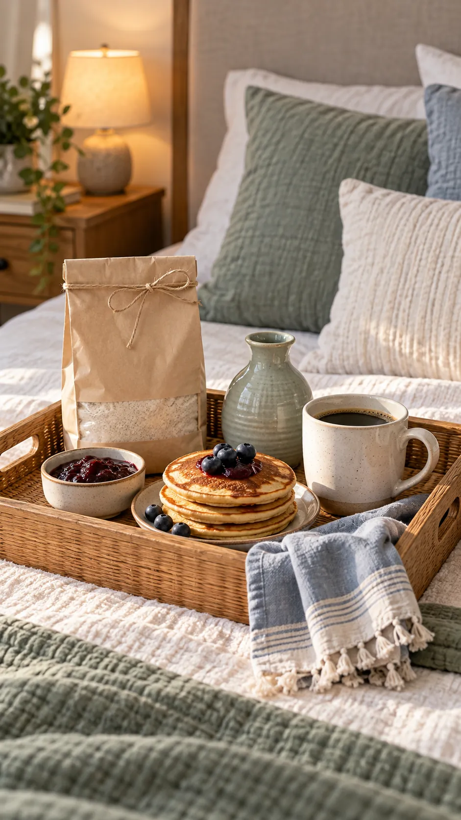 Breakfast In Bed Basket with useful comfort items arranged in a gift basket
