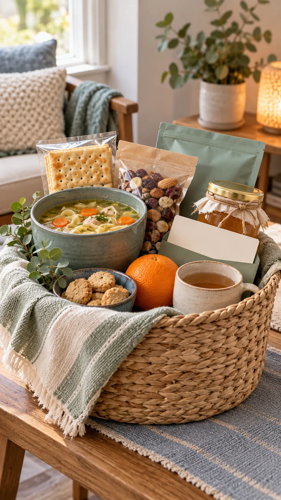 Comfort Food Basket with useful comfort items arranged in a gift basket