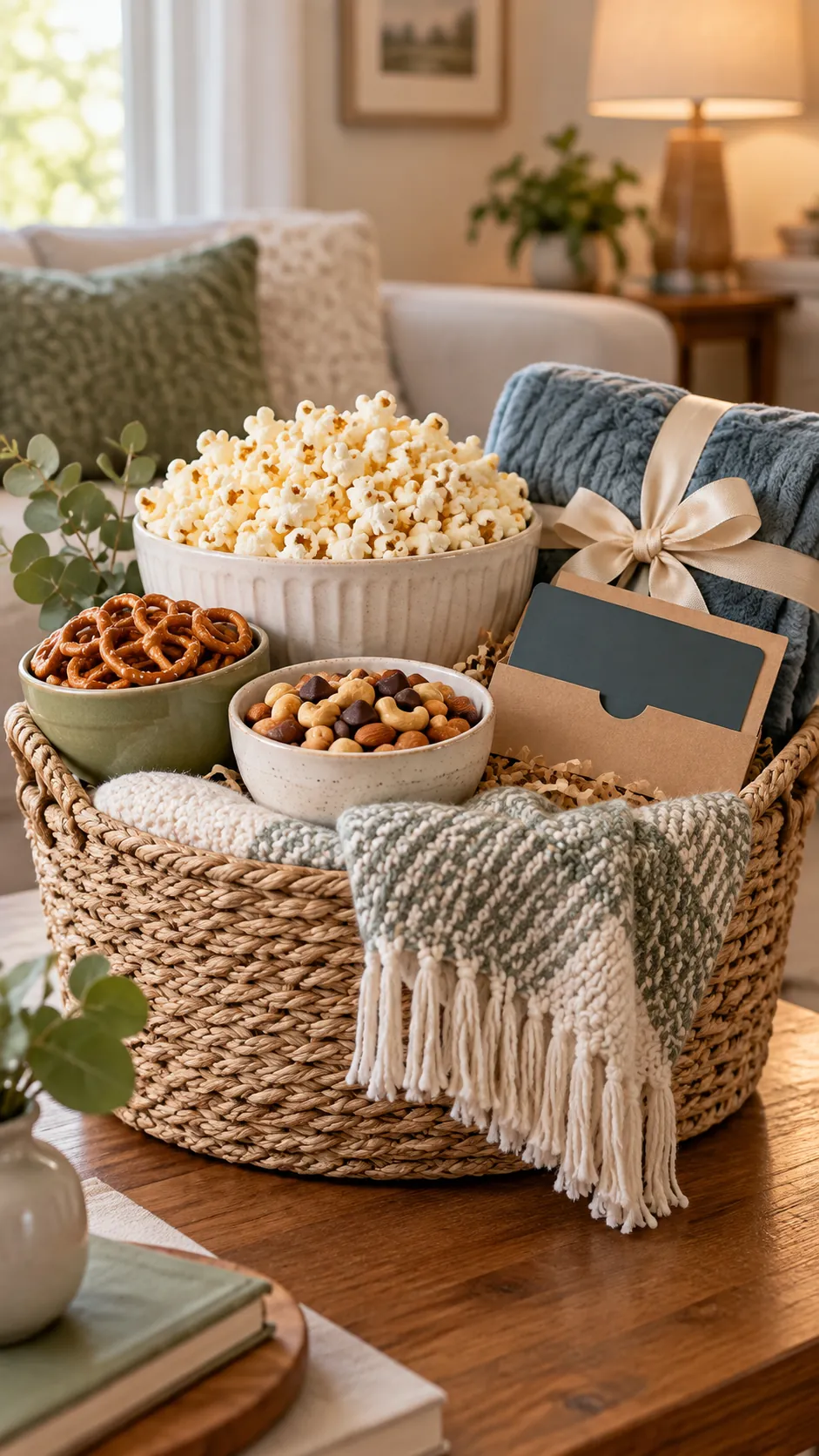Movie Comfort Basket with useful comfort items arranged in a gift basket