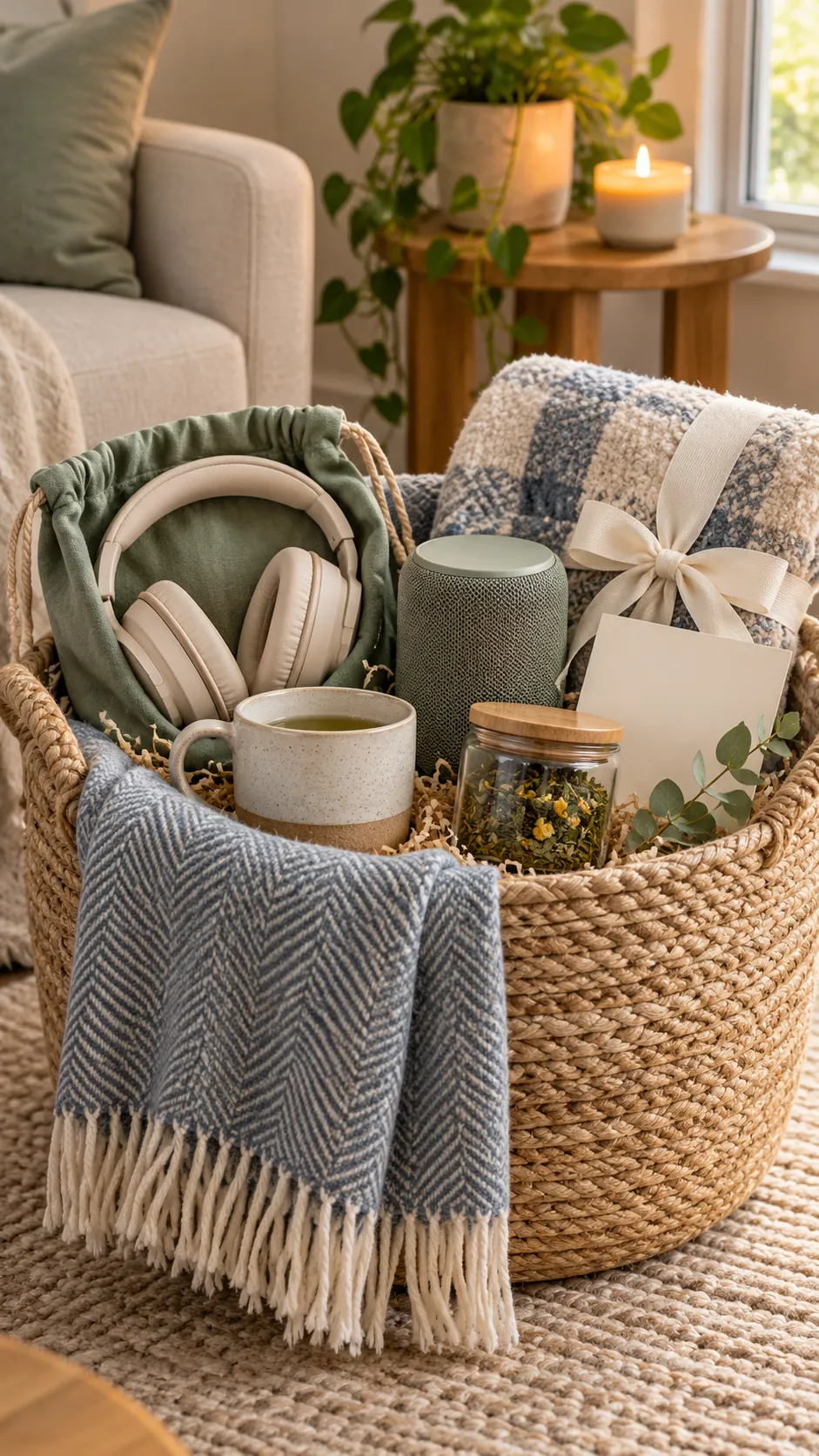 Music And Unplug Basket with useful comfort items arranged in a gift basket
