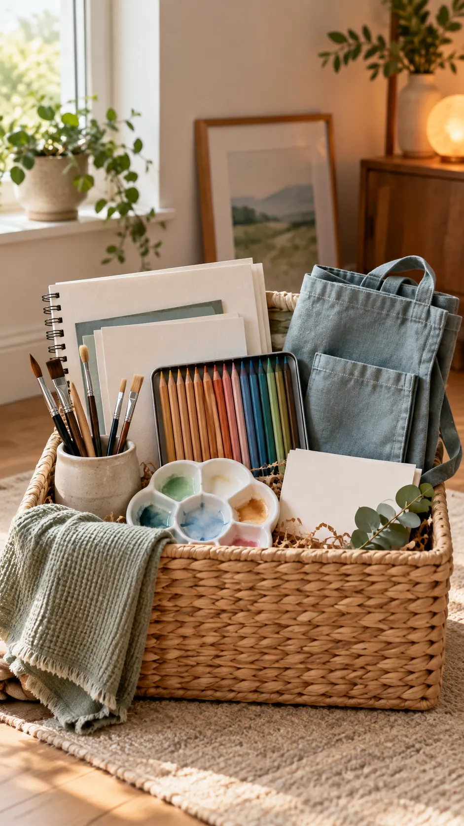 Creative Play Basket with useful comfort items arranged in a gift basket