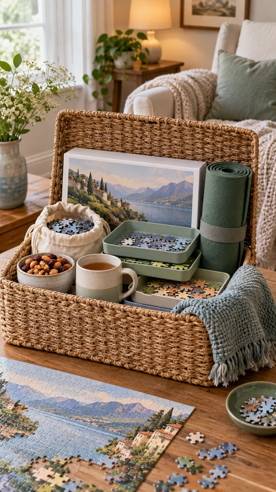Puzzle Afternoon Basket with useful comfort items arranged in a gift basket