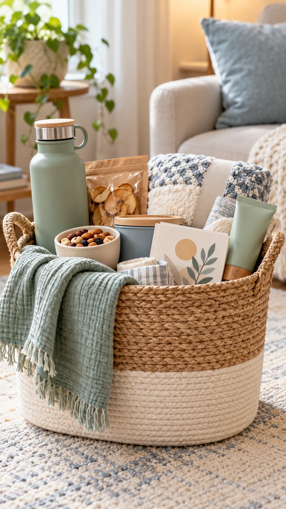 New Parent Care Basket with useful comfort items arranged in a gift basket
