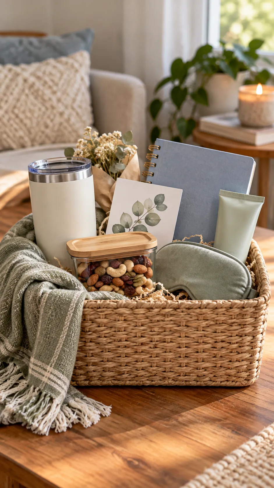 Workday Recovery Basket with useful comfort items arranged in a gift basket