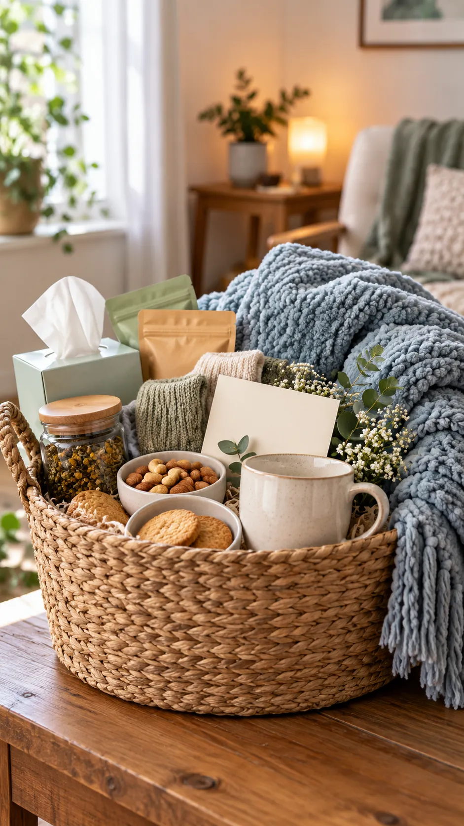 Thinking Of You Basket with useful comfort items arranged in a gift basket