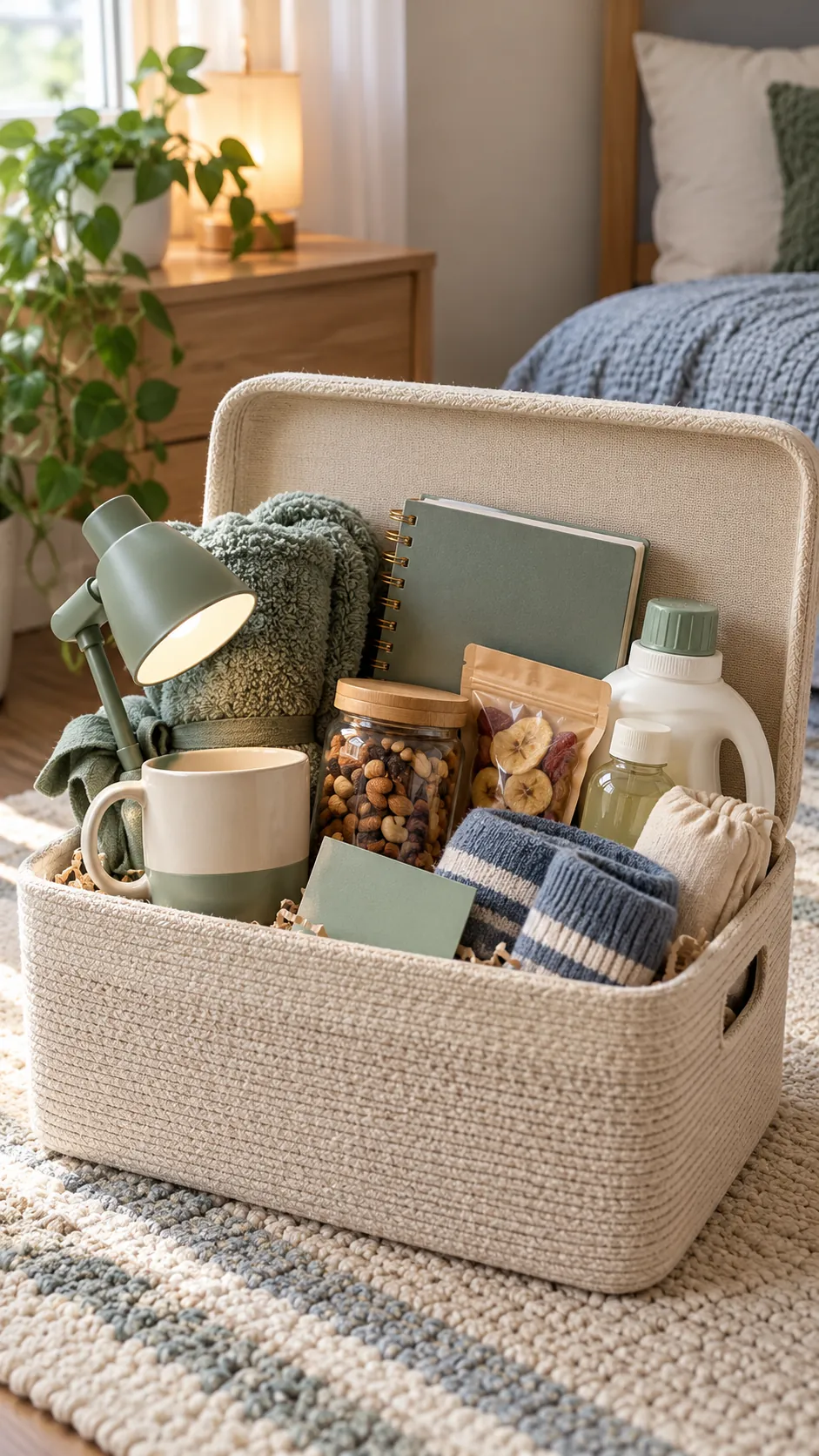 College Care Package with useful comfort items arranged in a gift basket