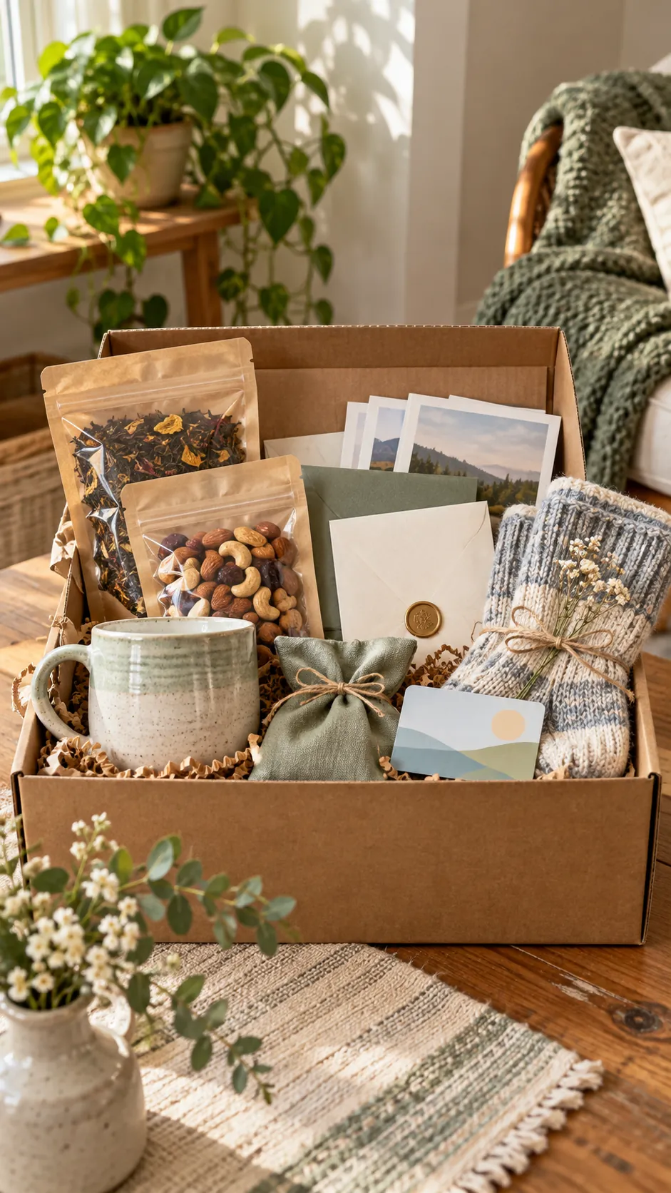Long-Distance Care Box with useful comfort items arranged in a gift basket