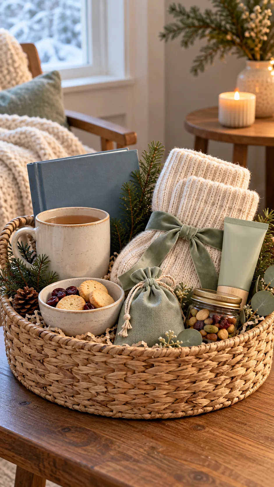 Holiday Self-Care Basket with useful comfort items arranged in a gift basket