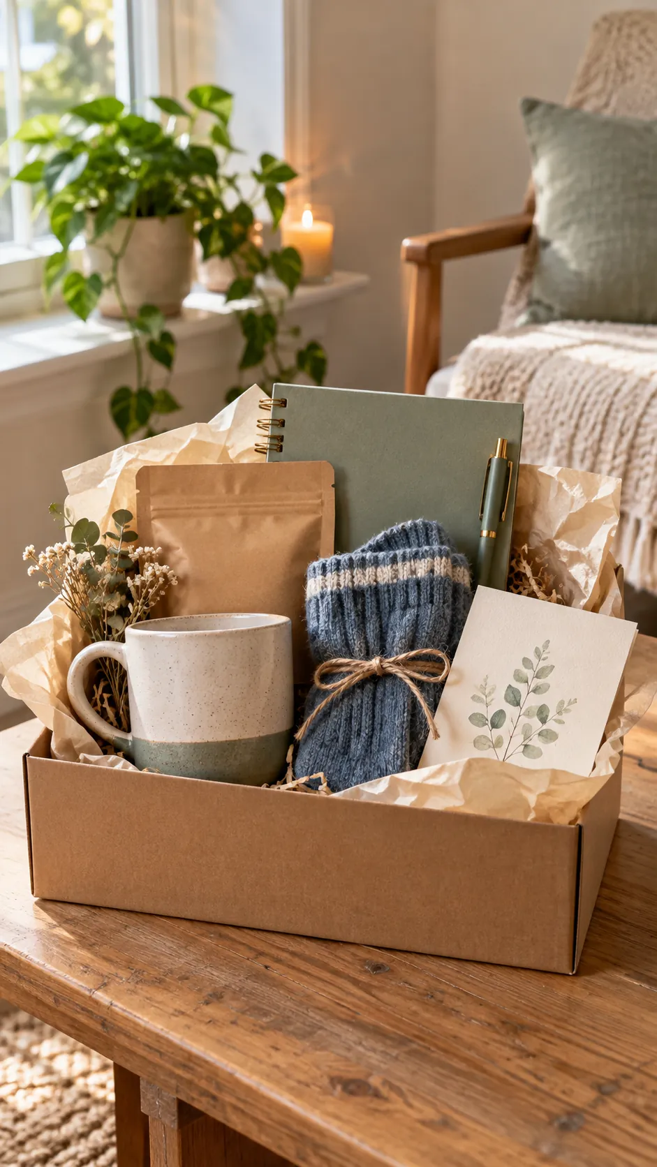 Simple Budget Care Basket with useful comfort items arranged in a gift basket