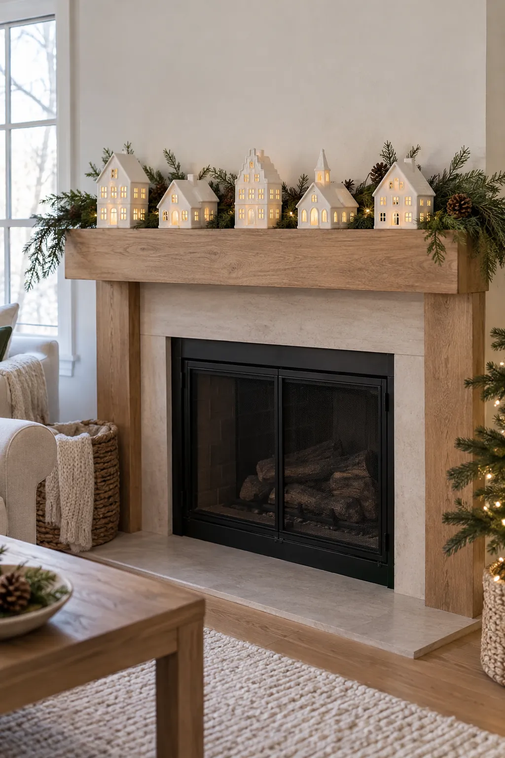 White ceramic Christmas village arranged across a mantel