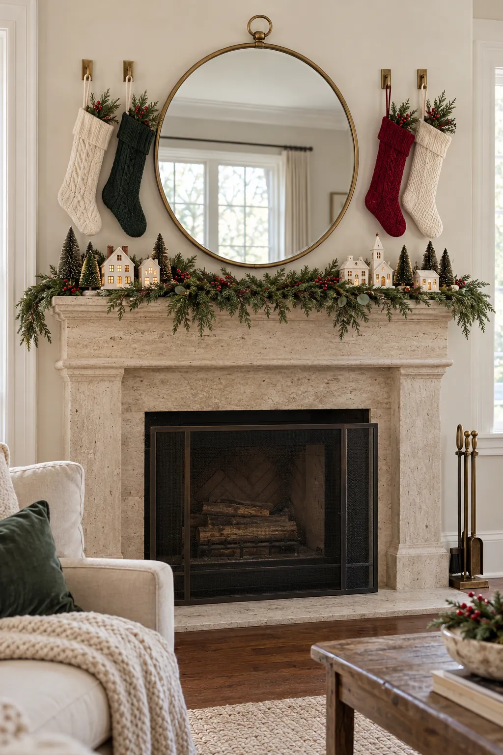 Christmas village clustered around a round mantel mirror