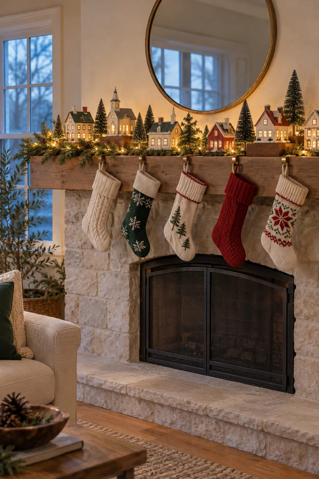 Layered Christmas village glowing across a mantel