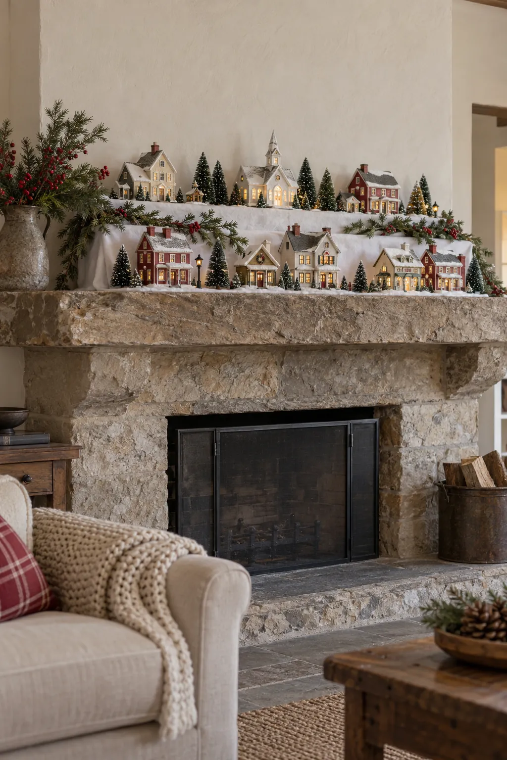 Tiered Christmas village on soft snowy mantel hills