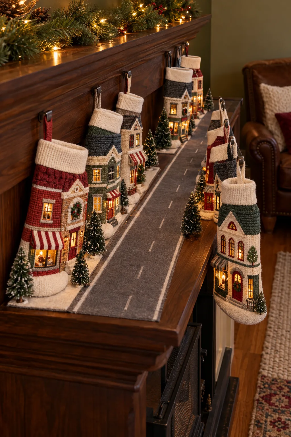 Miniature Christmas village main street on a mantel