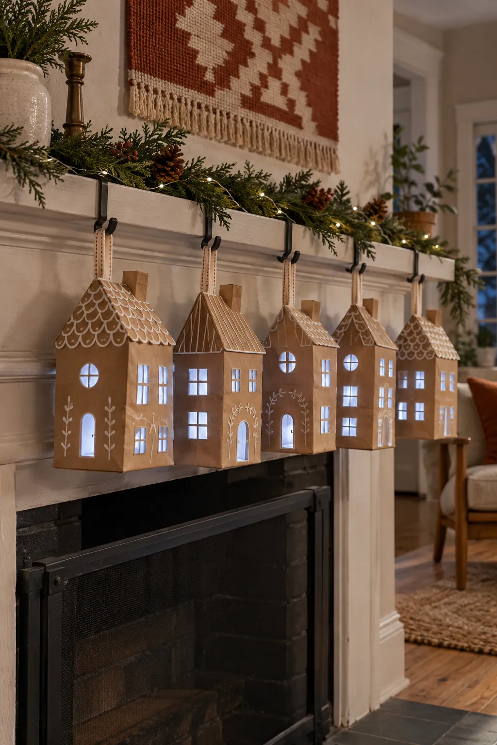 Handmade kraft paper Christmas houses on a mantel