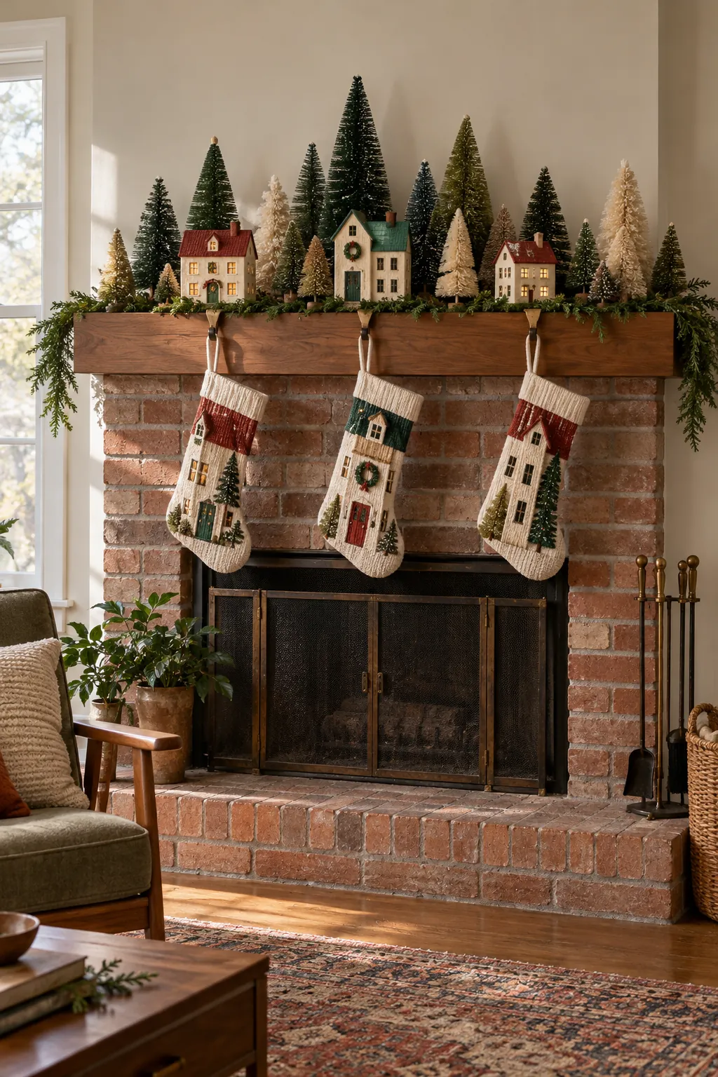 Bottlebrush forest surrounding a small Christmas village