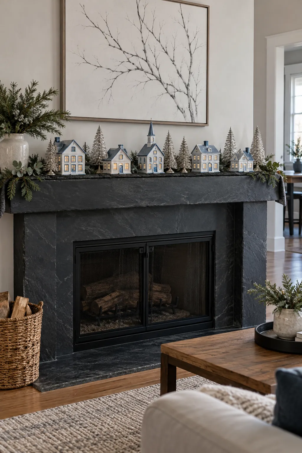 Blue and silver winter village mantel display