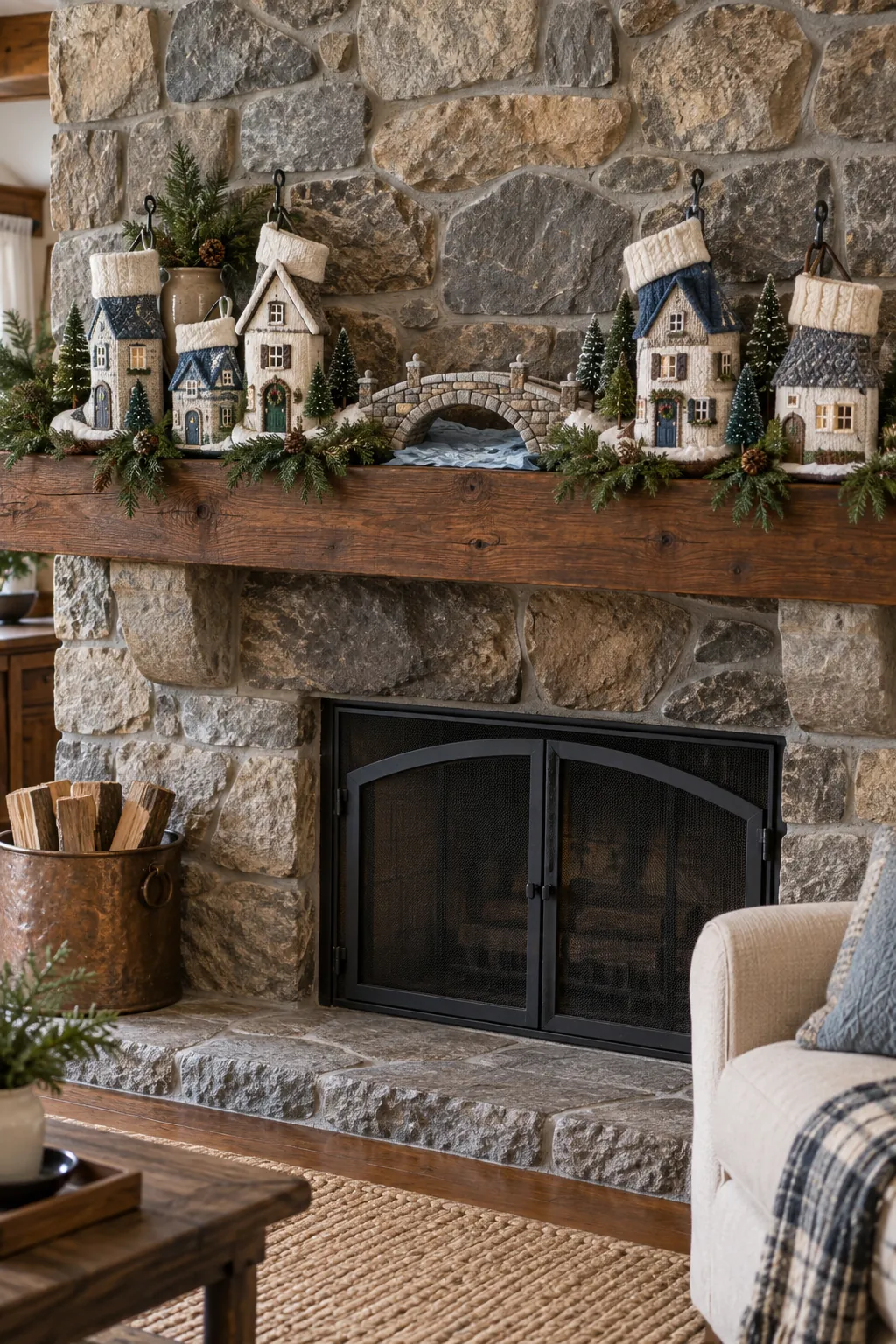 Christmas village display connected by a tiny stone bridge