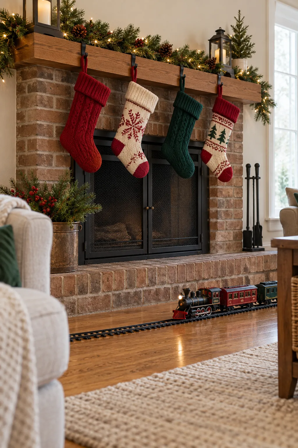 Small train passing below a Christmas mantel village