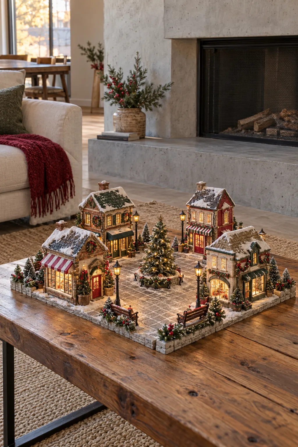Miniature Christmas market square on a broad mantel