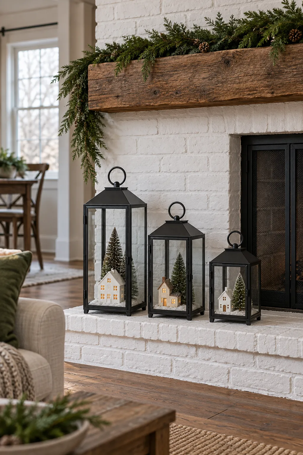 Tiny Christmas village scenes inside decorative lanterns