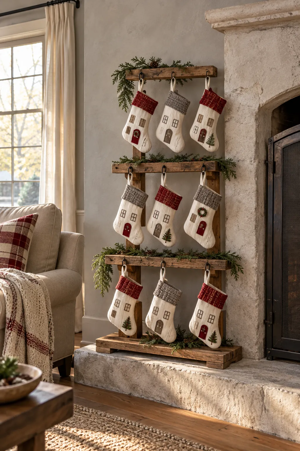 White village houses on reclaimed wood mantel risers