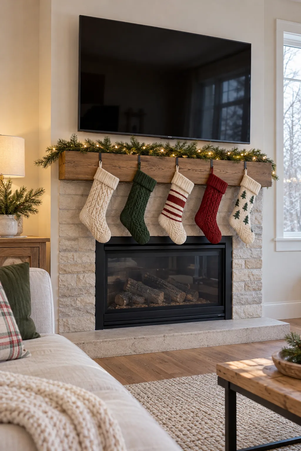 Low Christmas village arranged beneath a mantel television