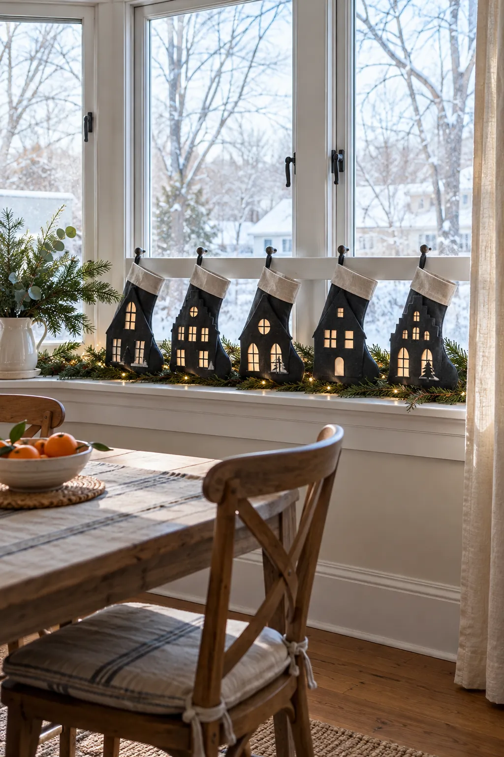 Paper village silhouettes glowing on a deep window sill