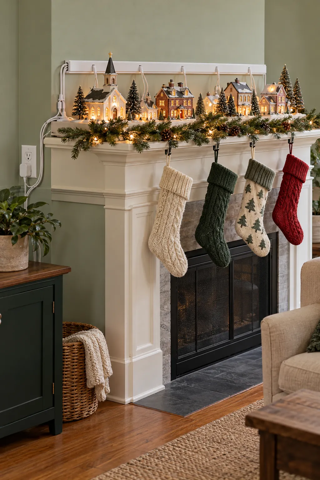 Christmas village with organized hidden lighting cords