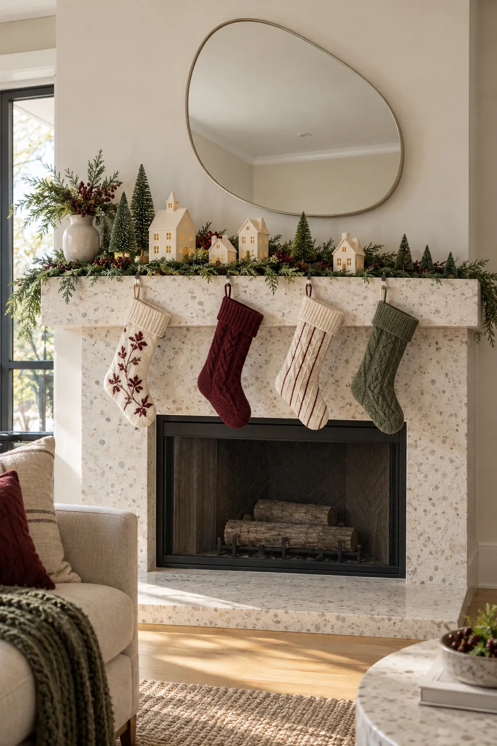 Asymmetric Christmas village clustered at one mantel corner