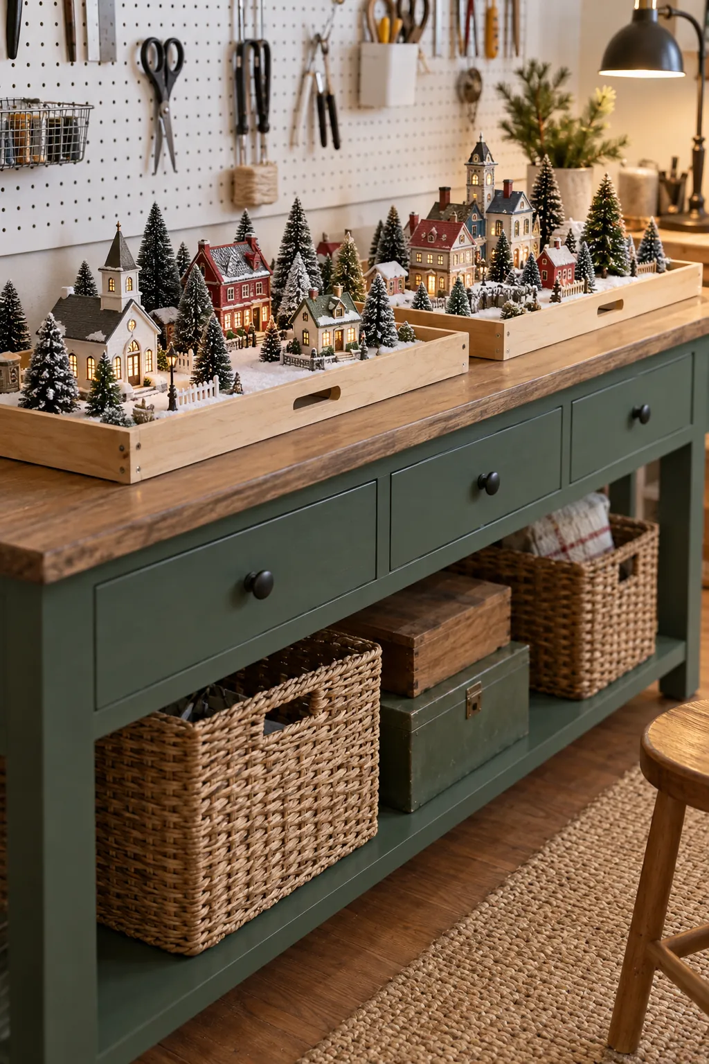 Modular Christmas village arranged on two liftable trays