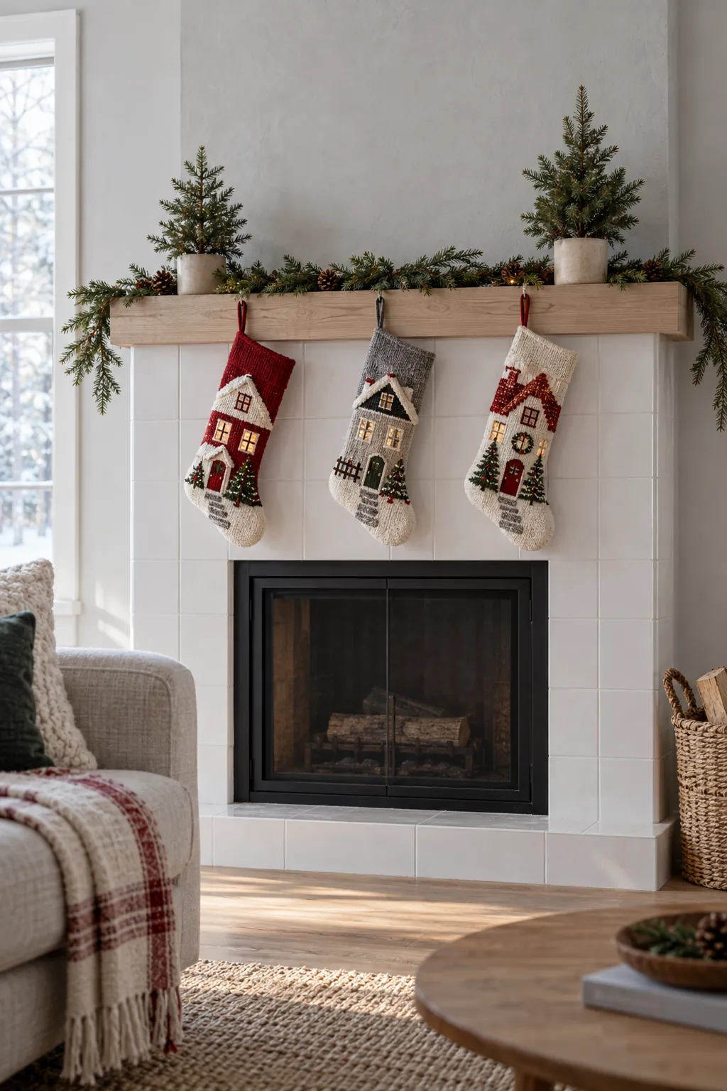 Minimal three-house Christmas village on a narrow mantel