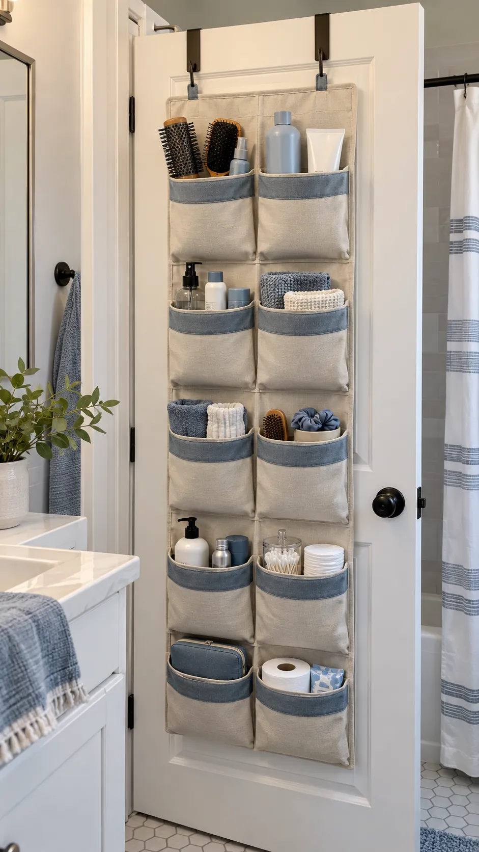 Fabric pocket organizer on a bathroom door