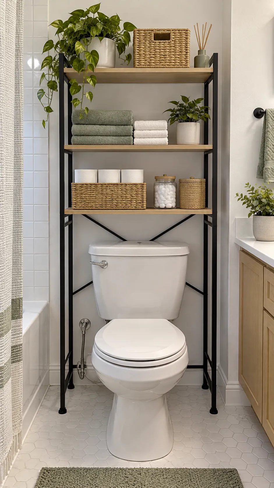 Freestanding shelf over a toilet with clear service access
