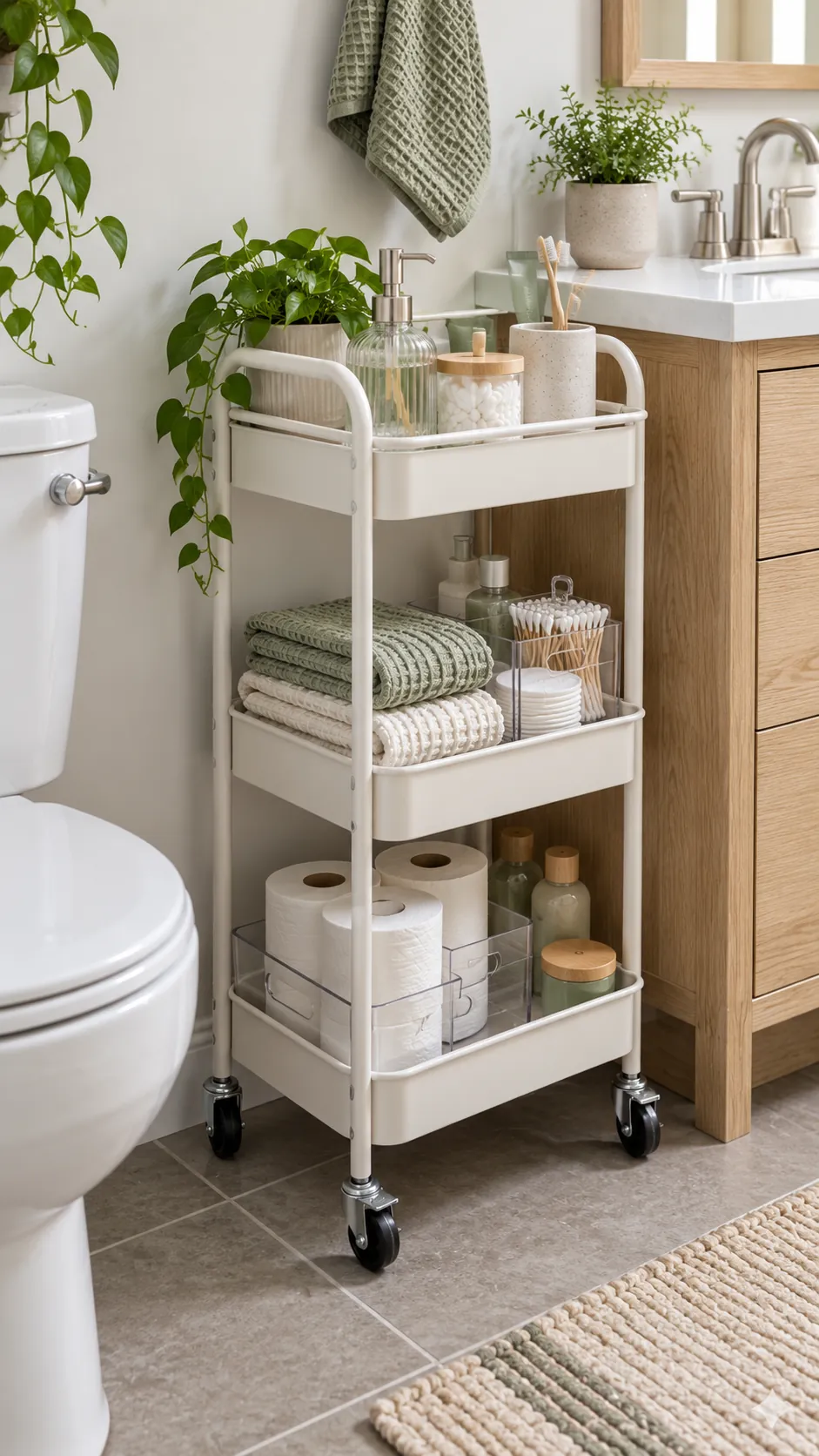 Slim rolling cart in a small rental bathroom
