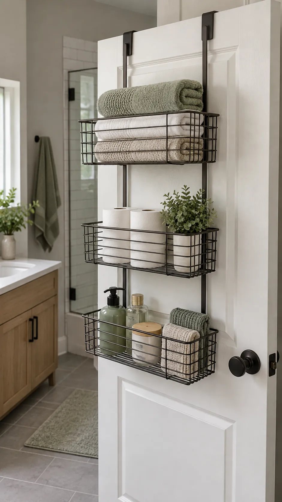 Metal basket rack hanging from a bathroom door