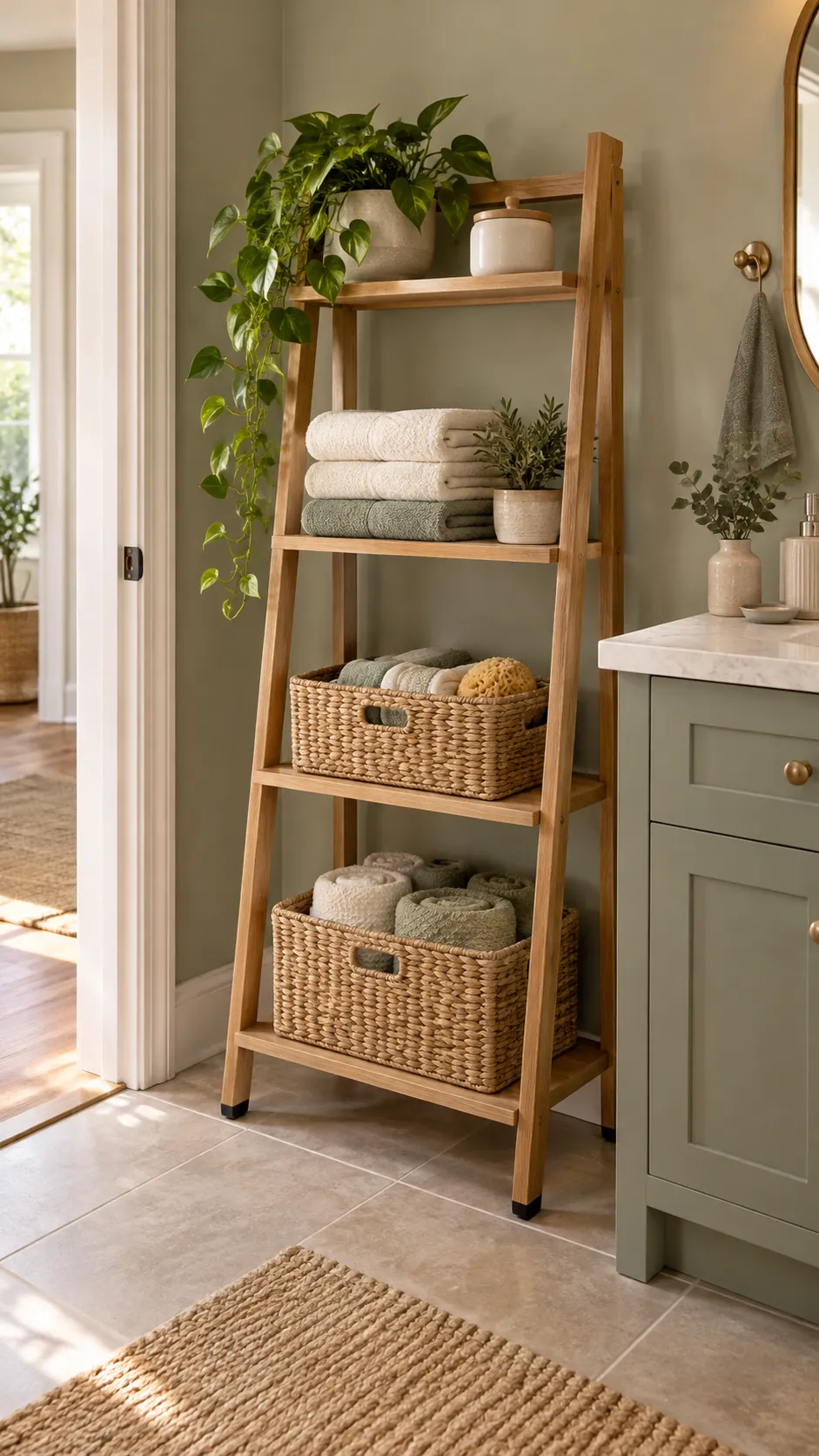 Compact freestanding ladder shelf in a rental bathroom
