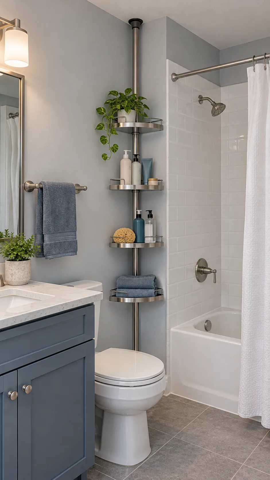 Tension pole storage trays in a bathroom corner