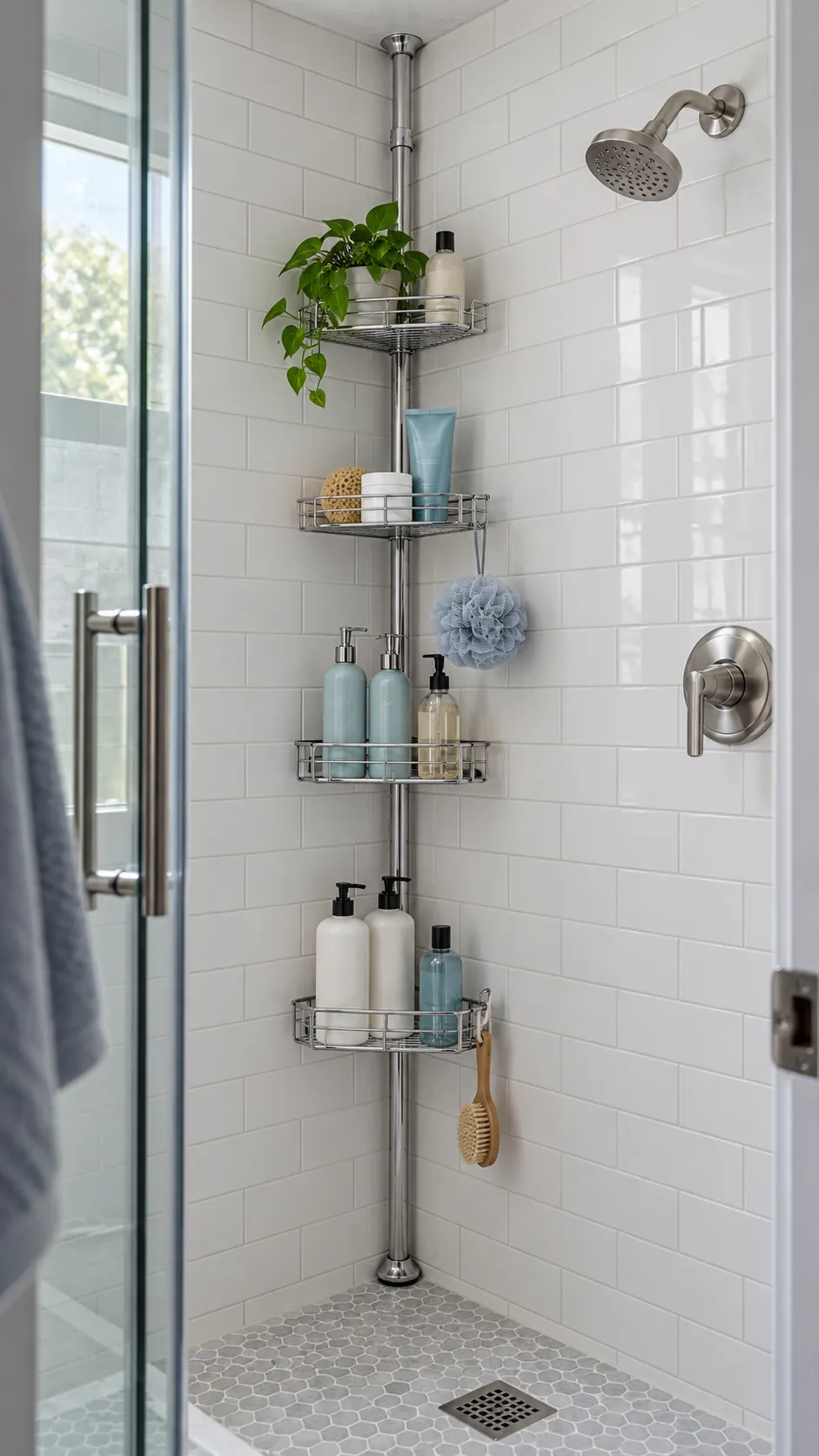 Tension shower caddy holding bath products