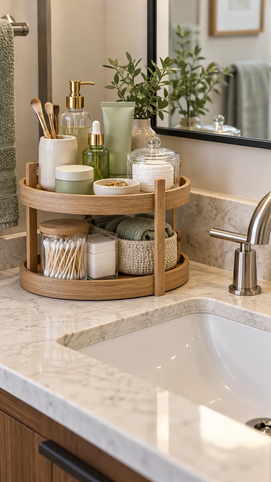 Two tier tray organizing a small bathroom vanity