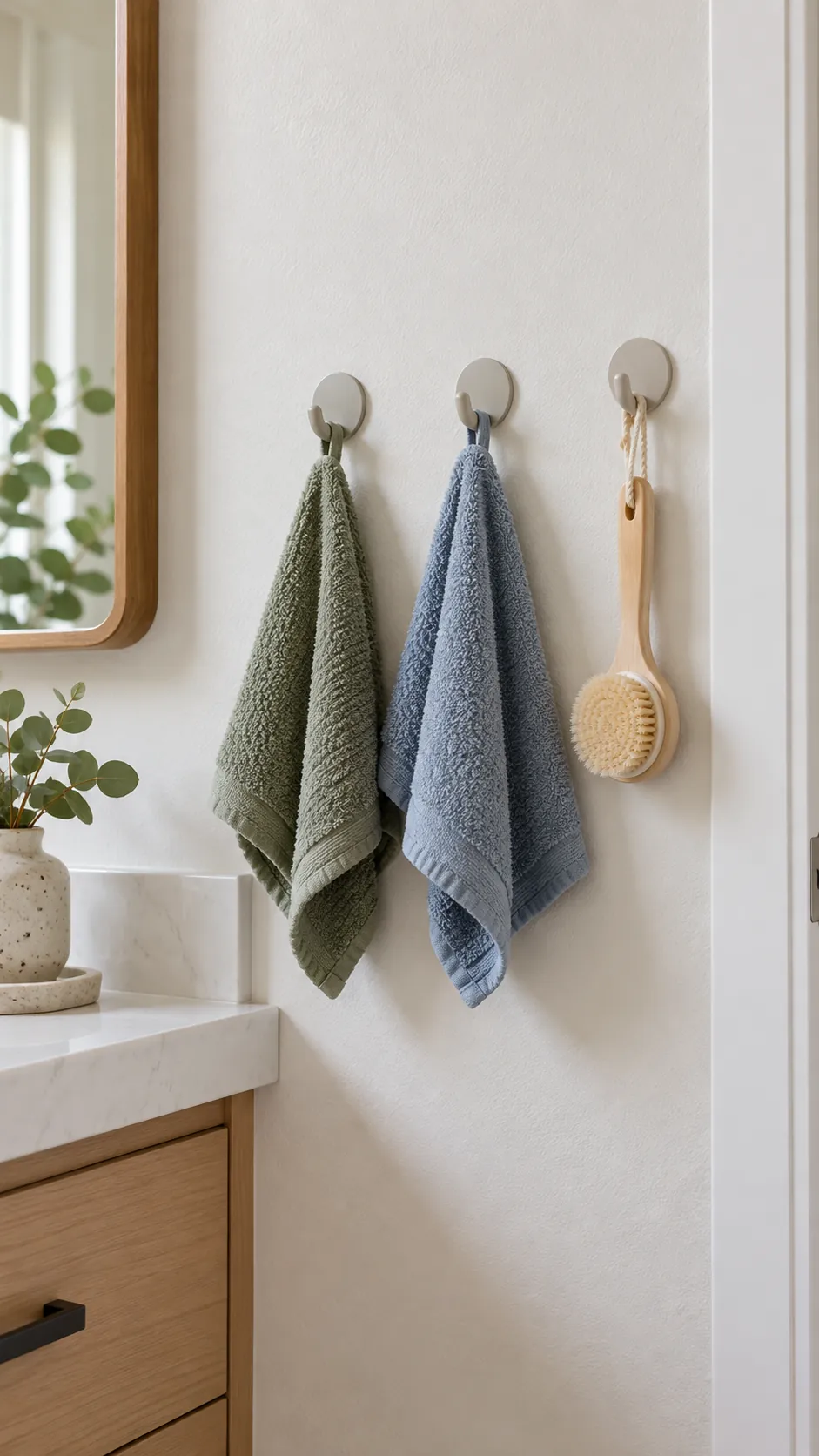 Removable hooks on a painted bathroom wall
