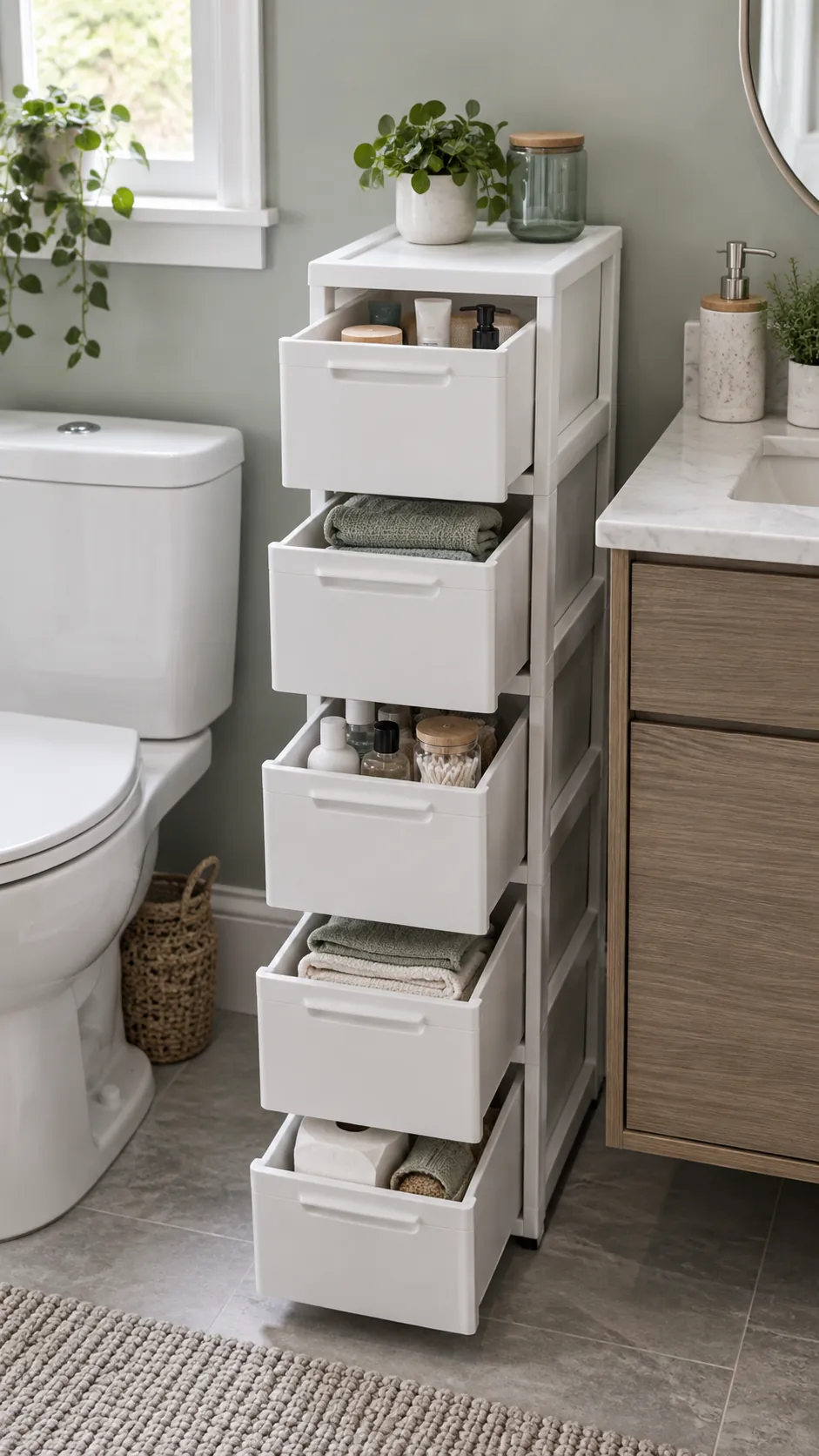 Narrow drawer tower beside a bathroom vanity