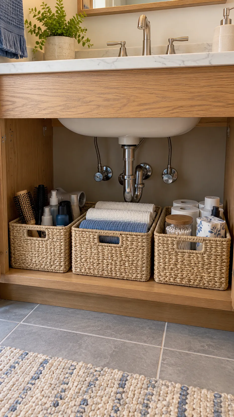 Handled storage bins under an open bathroom vanity