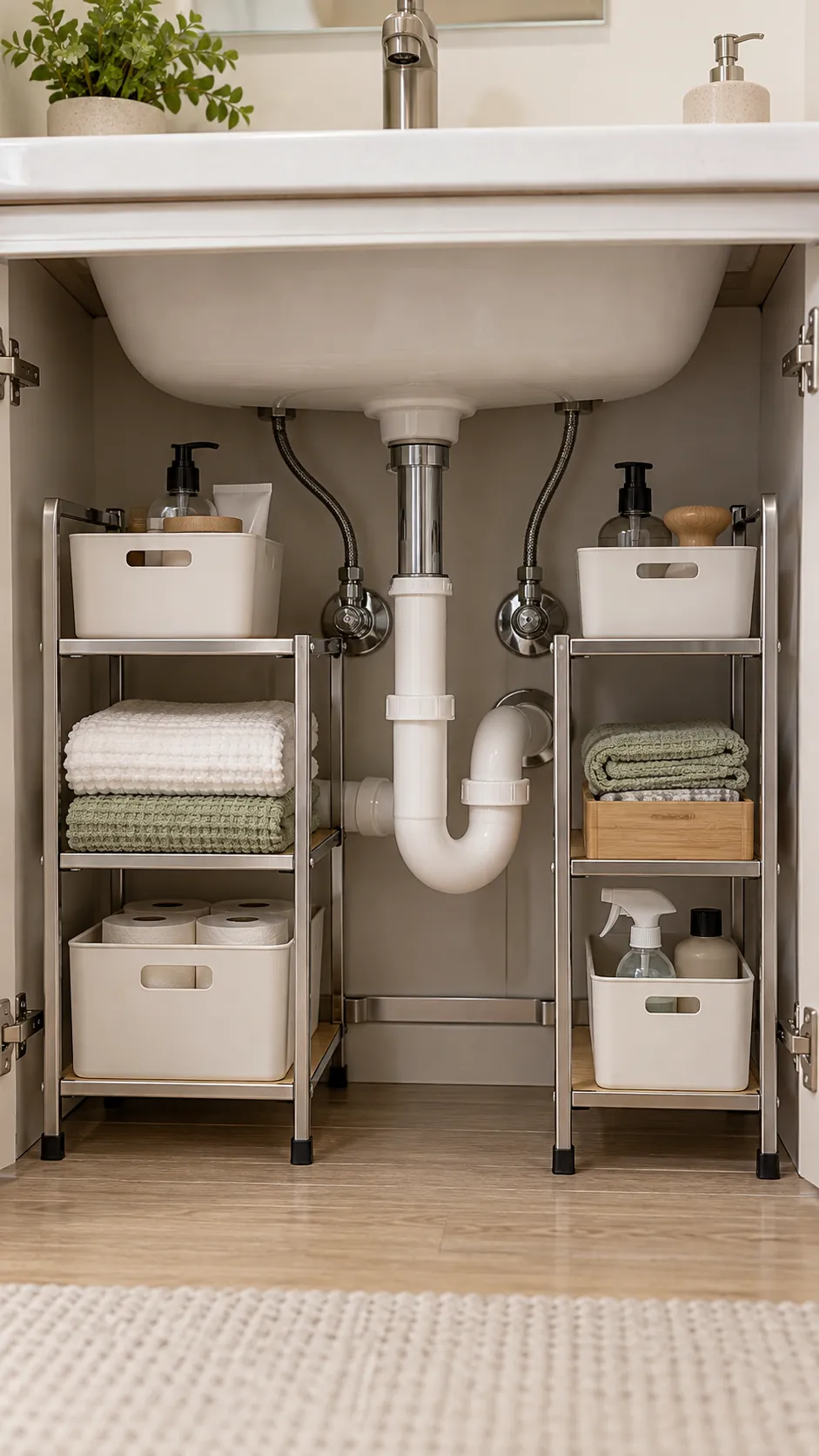 Adjustable freestanding rack around sink plumbing