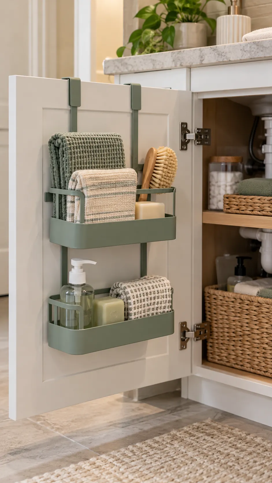 Small caddy hanging from a bathroom vanity door
