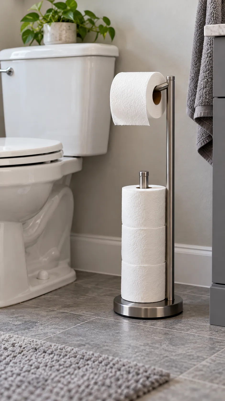 Weighted floor toilet paper stand in a compact bathroom